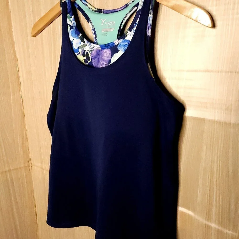 Old Navy Girls Navy Blue Athletic Tank Top Built-in Floral Sports Bra 14